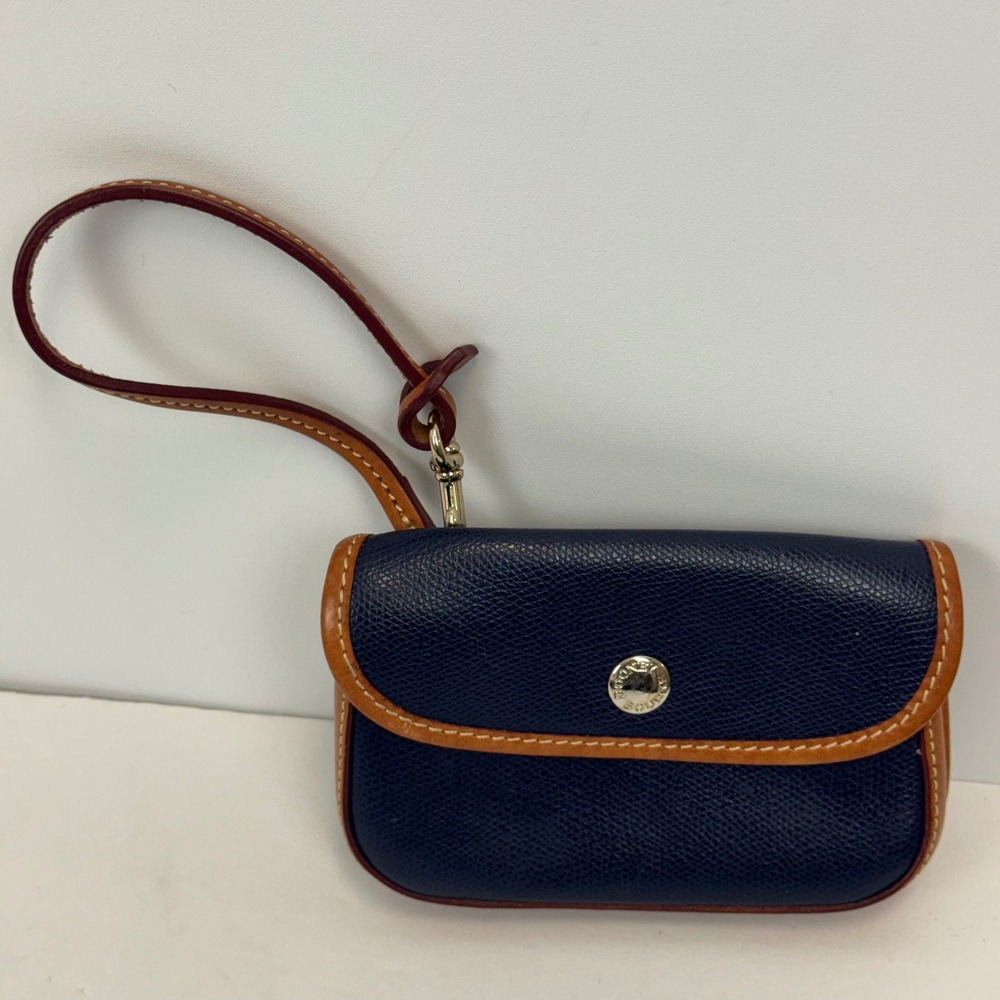 Dooney & Bourke Vintage Navy Blue Tan All Weather Leather Wristlet Pouch Small